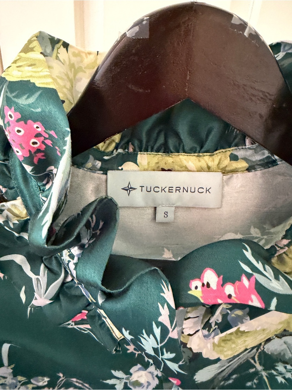 Tuckernuck Floral Ruffle-Neck Green Satin Women's Top - Picture 2 of 3